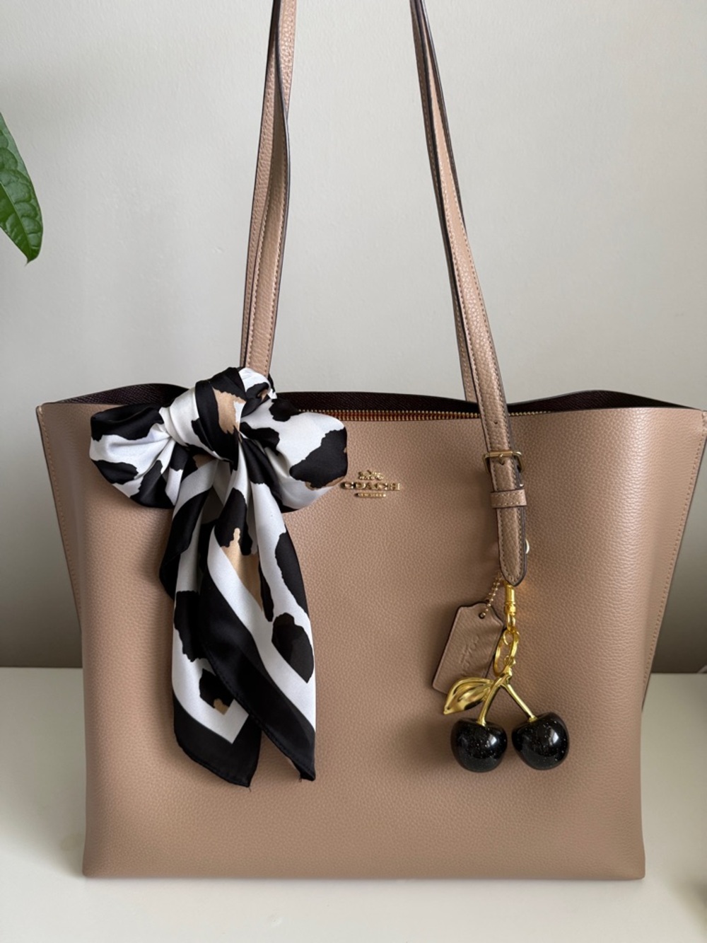 COACH Taupe Leather Mollie Tote Bag with Scarf, cherry charm and wristlet - Picture 2 of 14